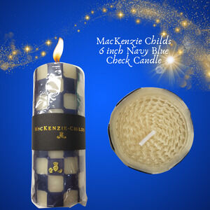 MacKenzie Childs Navy Blue Royal Check Candle 6" Tall Beeswax Retired
